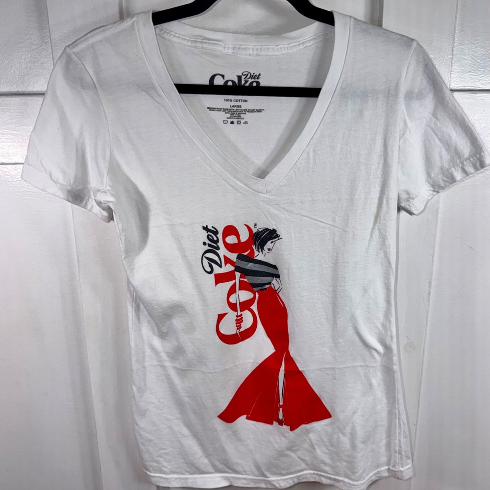 ~DIET COKE Vogue Fashion White V-neck SS Cotton Tee Shirt Diet Graphic Large